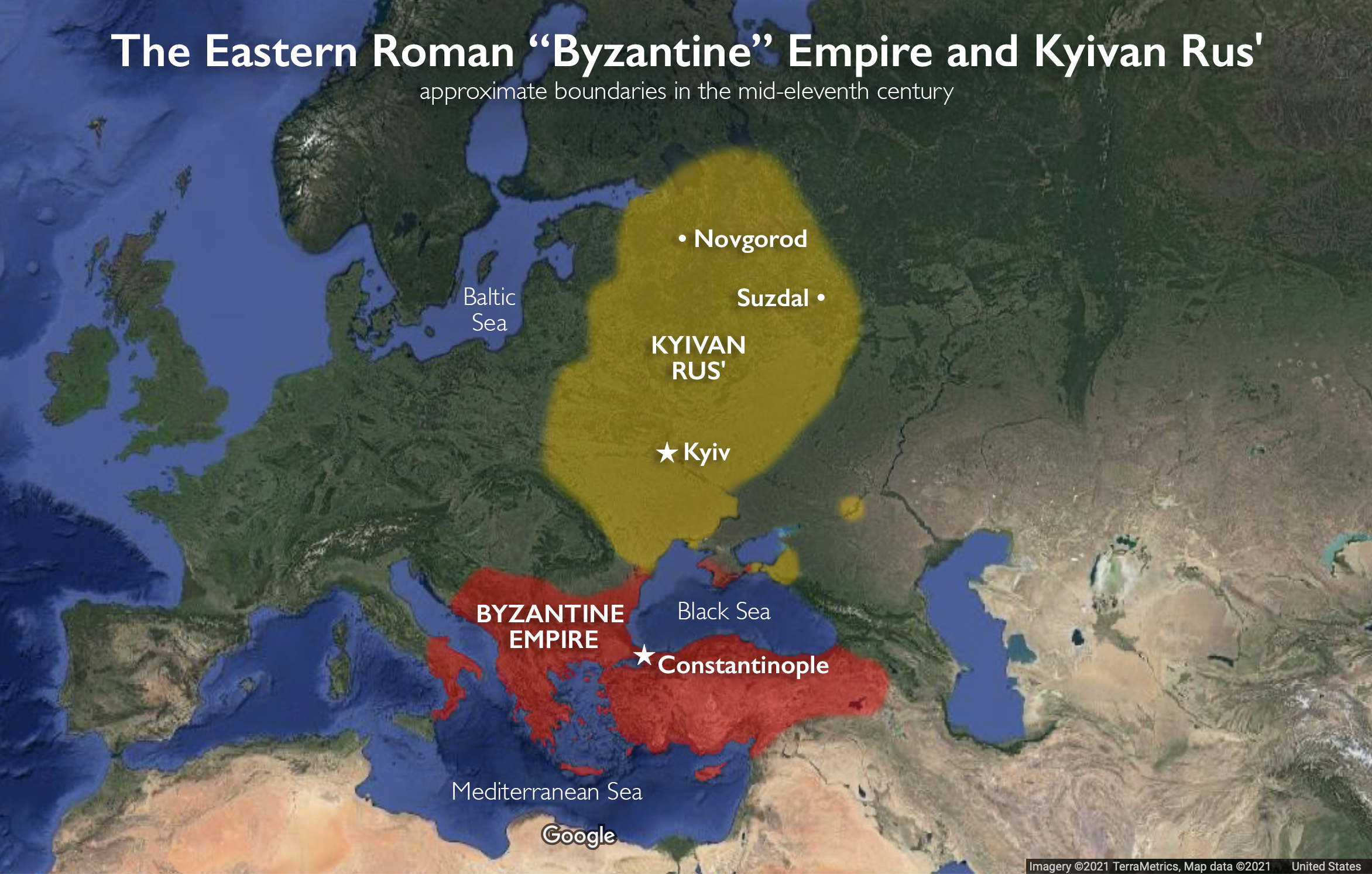 Map of the Byzantine Empire and Kyivan Rus' (underlying map © Google)