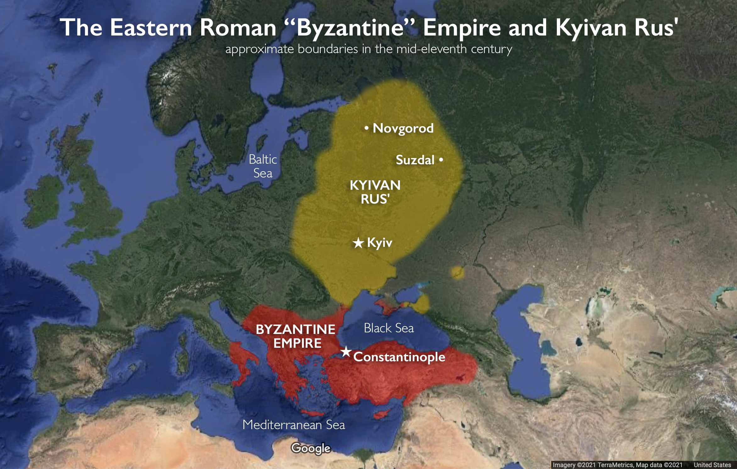 Map of the Byzantine Empire and Kievan Rus' (underlying map © Google)