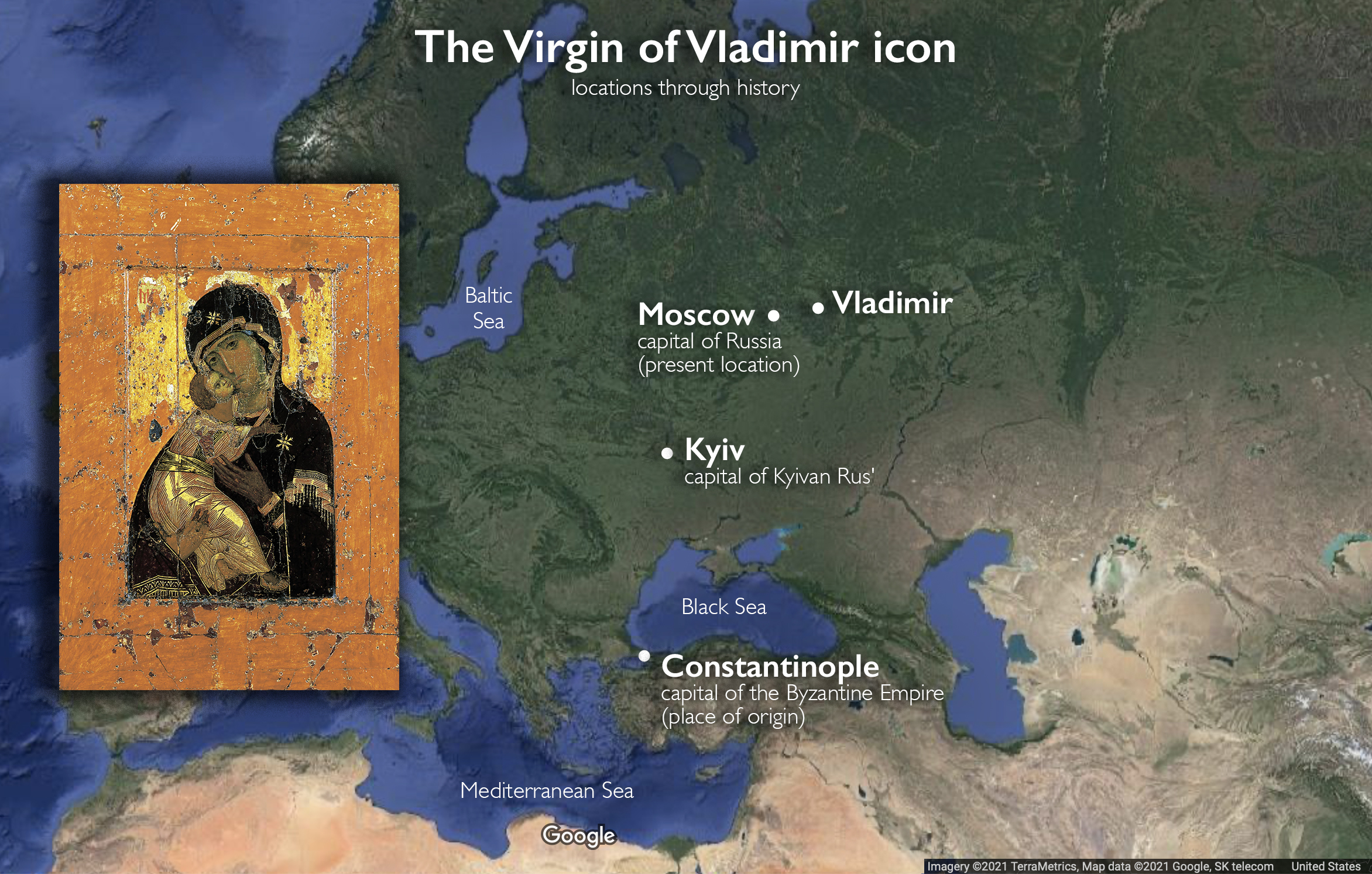 Locations of the Virgin of Vladimir icon (underlying map © Google)