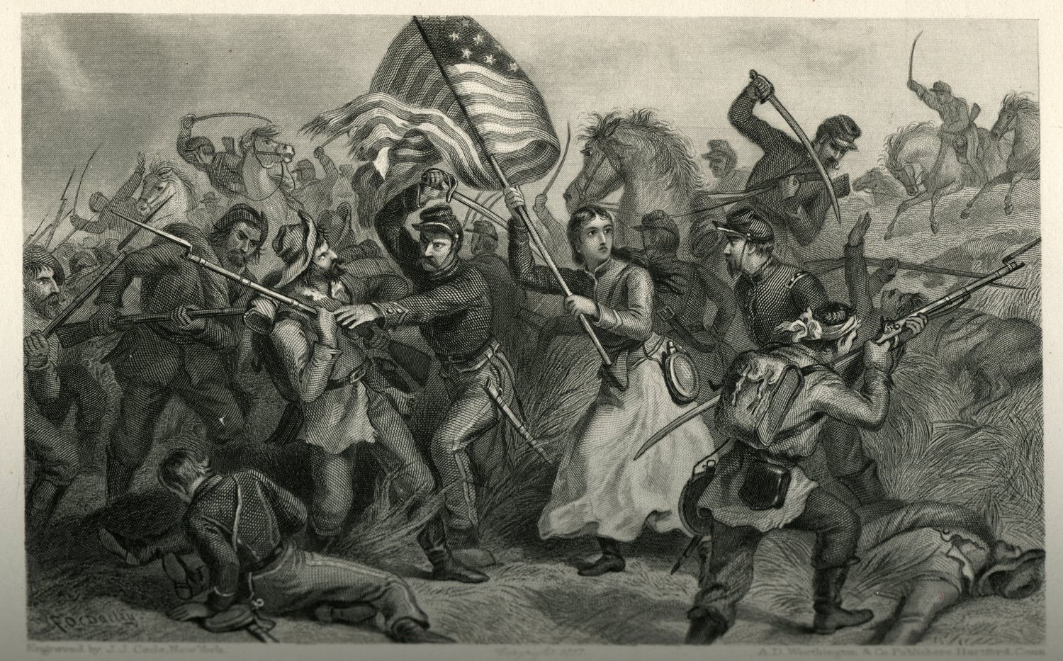 Felix Octavius Carr Darley and John J. Cade, A Woman in Battle: Michigan Bridget Carrying the Flag, 1887, engraving from a sketch from Mary A. Livermore, My Story of the War: A Woman's Narrative of Four Years Personal Experience, Hartford: A.D. Worthingon and Company, 1889, p. 117 (Newberry Library)