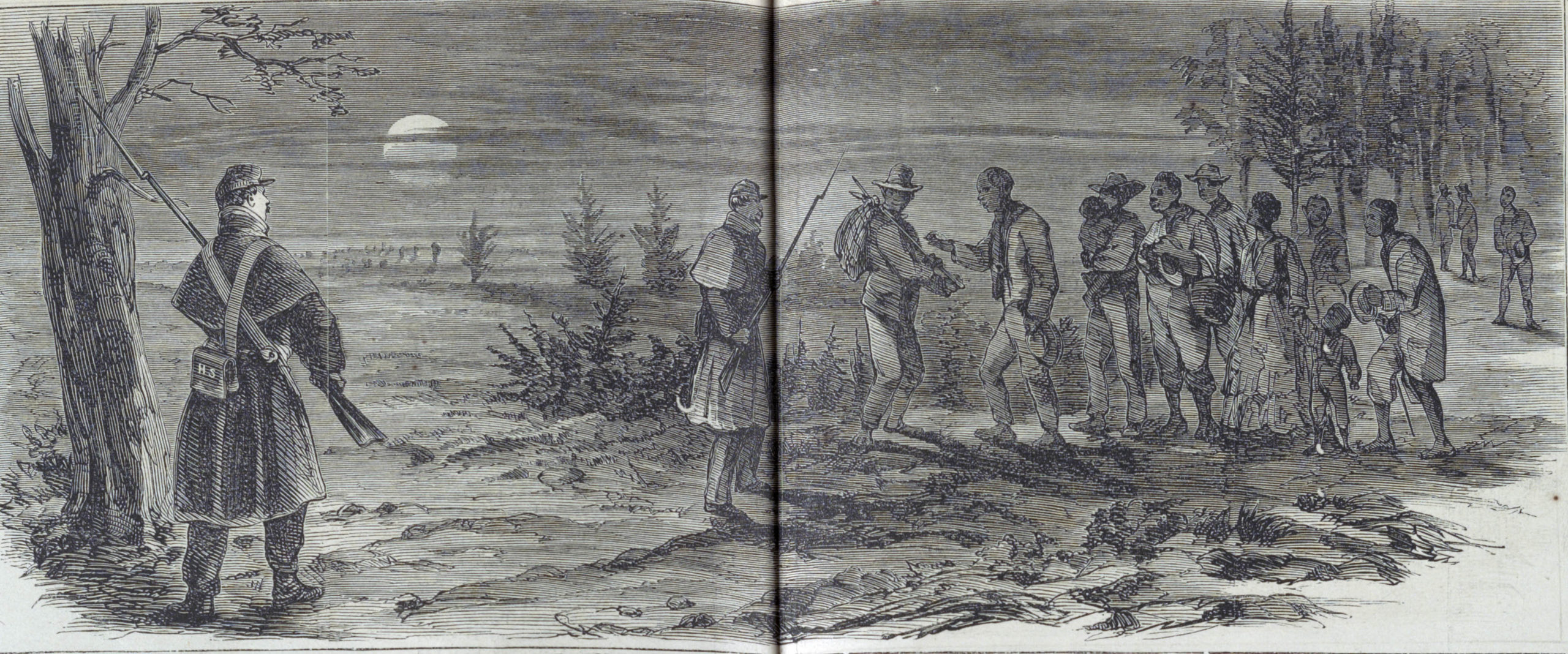 Refugees meeting U.S. Army officers at night and requesting asylum (detail), "Stampede among the Negroes in Virginia—their arrival at Fortress Monroe / from sketches by our Special Artist in Fortress Monroe," <em>Frank Leslie’s Illustrated Newspaper</em>, June 8, 1861, pp. 56–57, wood engraving, 40.4 x 54.3 cm (<a href="https://www.loc.gov/pictures/item/99614015/" target="_blank" rel="noopener">Library of Congress</a>)