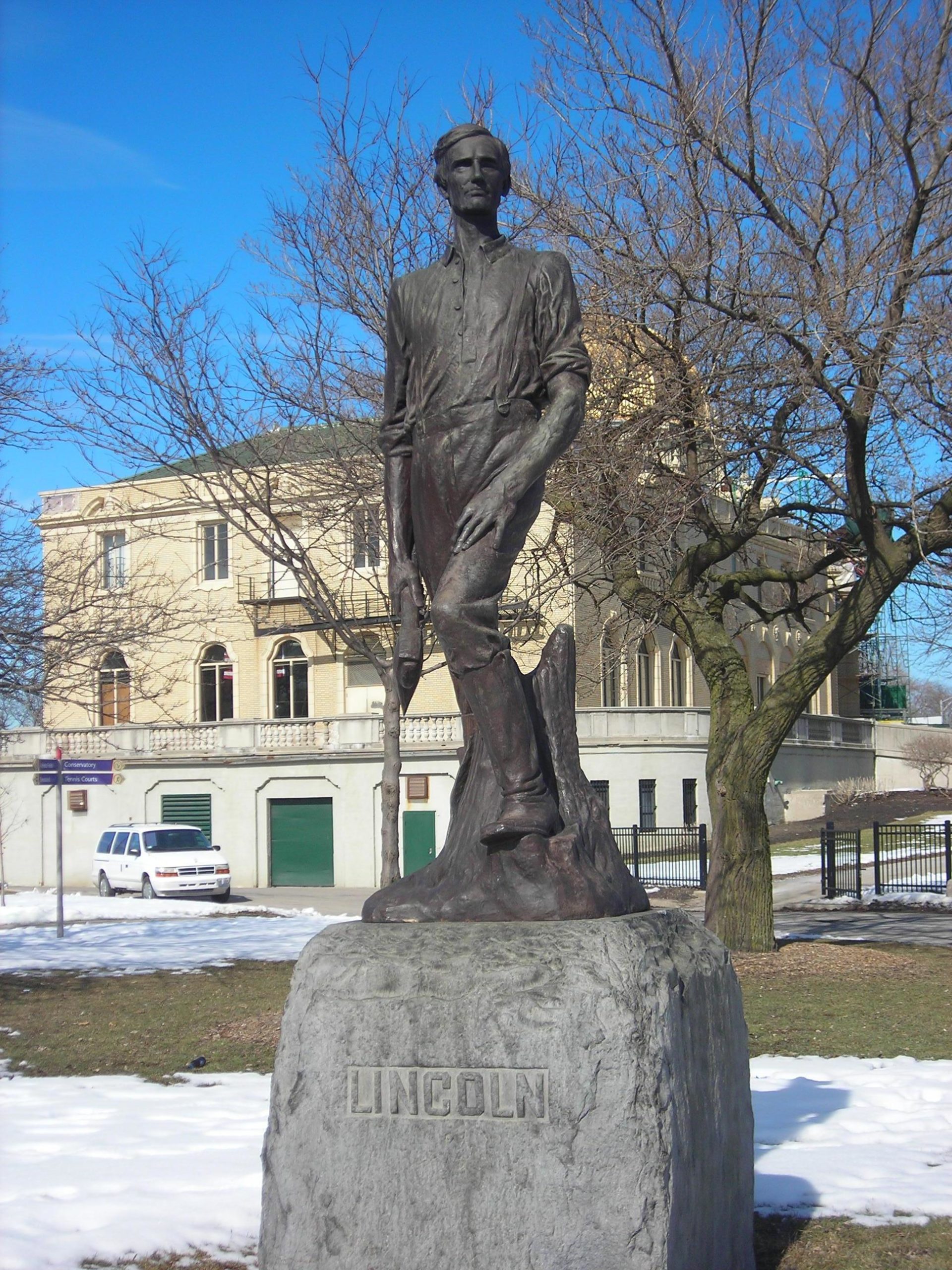 Charles J. Mulligan, <em>Lincoln the Rail-splitter</em>, temporary version exhibited in 1909, cast in bronze in 1911, bronze figure on granite base, Garfield Park, 14 x 4 x 4 feet (Chicago Park District)