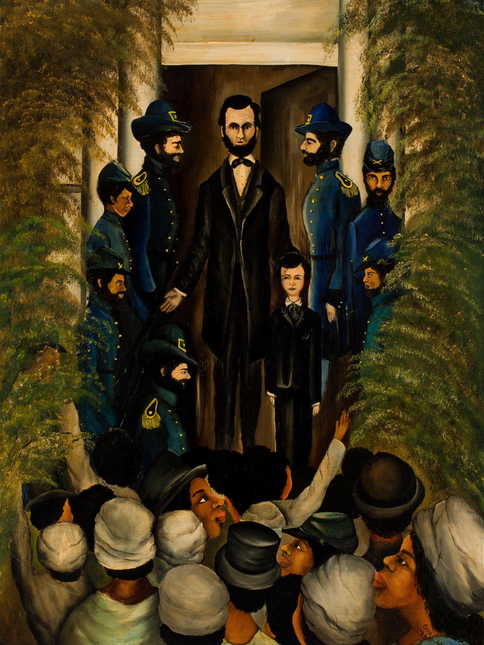 Gus Nall, <em>Lincoln Speaks to Freedmen on the Steps of the Capital at Richmond</em>, 1963, oil on canvas, 39.62 x 29.5 inches (DuSable Museum of African American History)