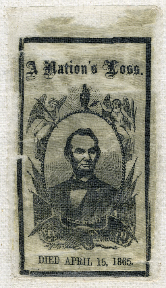 <em>A Nation's Loss</em>, 1865, silk ribbon, 5.5 x 3 inches (Chicago Public Library)