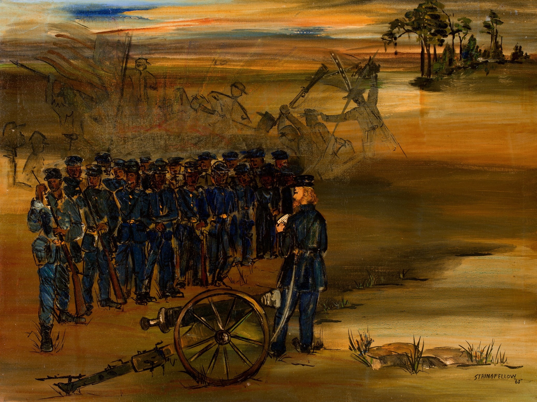 Allen Stringfellow, <em>Negro Troops Receive Instructions in the Field</em>, 1963, oil on canvas 29.5 x 39.62 inches (DuSable Museum of African American History)