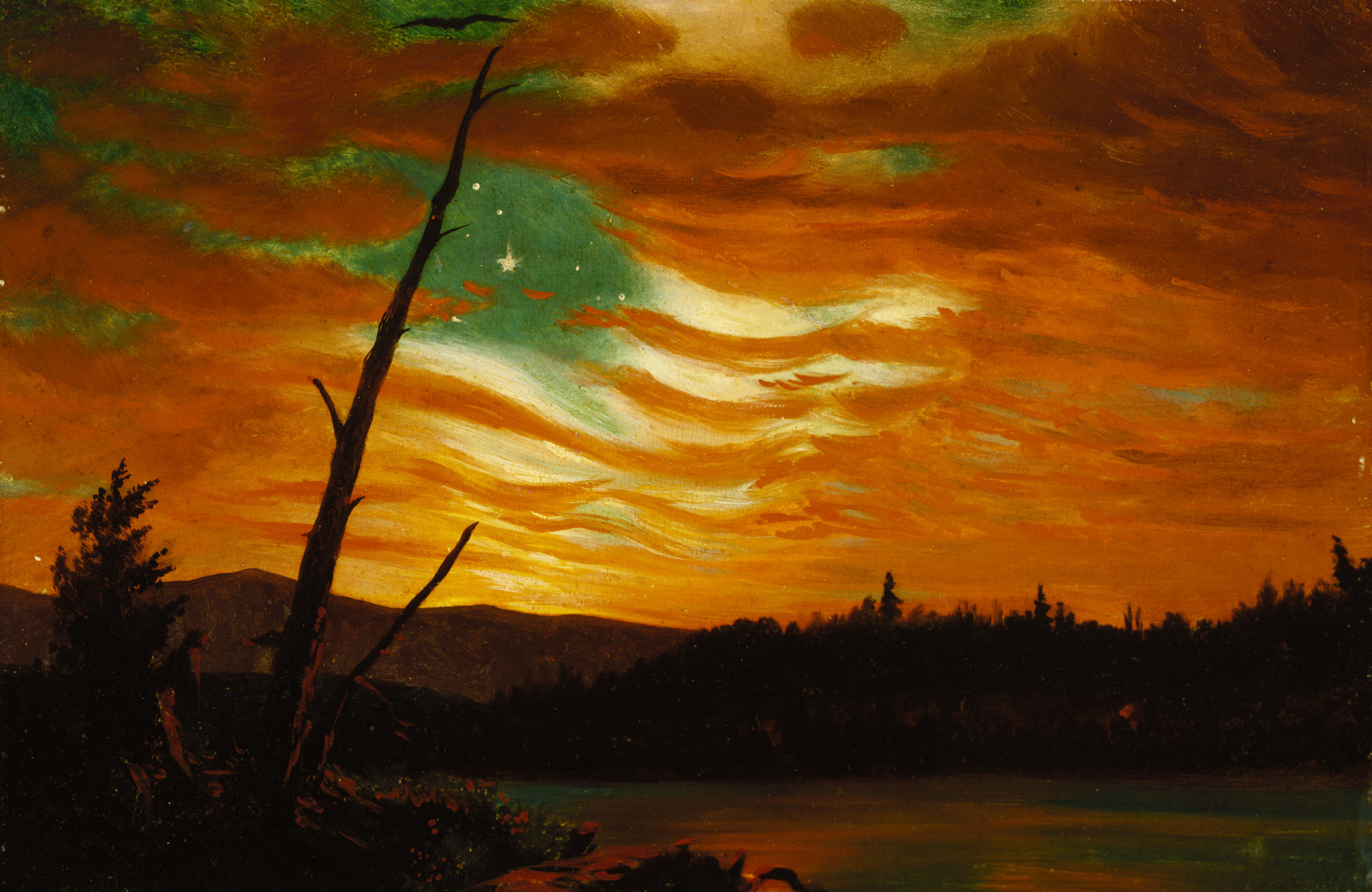 Frederic Edwin Church, Our Banner in the Sky, 1861, oil paint over photomechanically produced lithograph, 7 1/2 x 11 3/8 inches (Terra Foundation for American Art)
