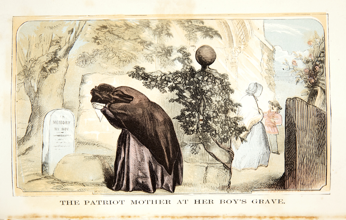 The Patriot Mother at Her Boy's Grave, 1865, hand-colored illustration from The Soldier's Casket (Newberry Library)