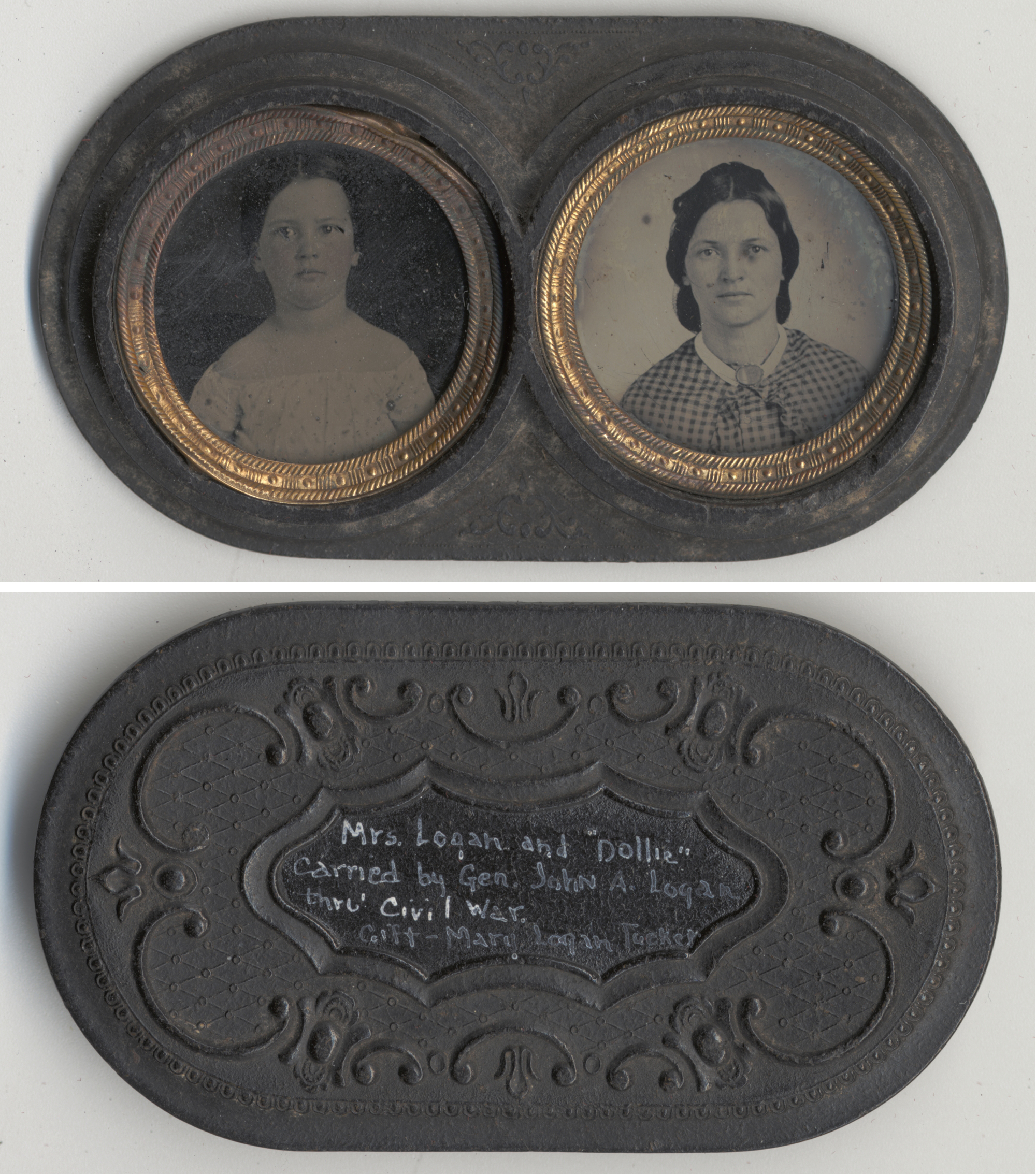 John Alexander Logan, Portrait photographs of Mrs. John A. Logan and Dollie Logan, c. 1858–64, tintypes set in brass and union case, plates 1 1/8 inches in diameter (Chicago History Museum)