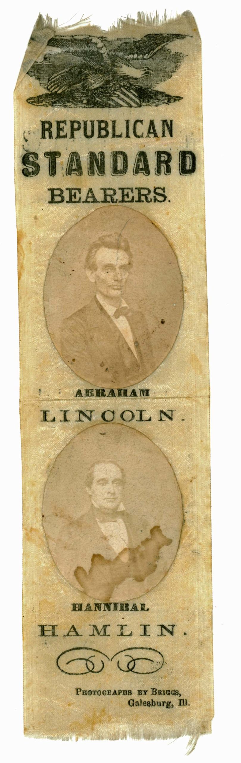 Newton Briggs, Republican Standard Bearers: Abraham Lincoln and Hannibal Hamlin, 1860, photoprints mounted on silk ribbon (Newberry Library)