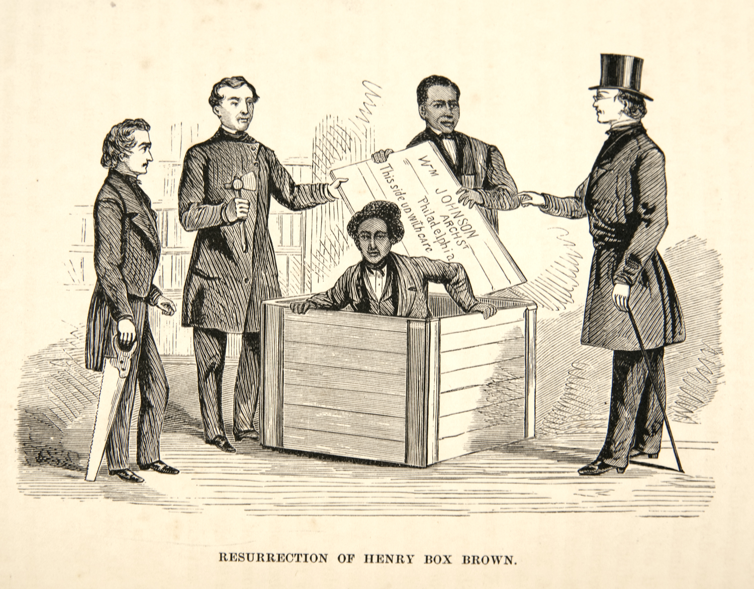 After an 1851 lithograph by Peter Kramer, Resurrection of Henry Box Brown, 1872, engraving from William Still. The Underground Railroad: A Record of Facts, Authentic Narratives, and Letters, Philadelphia: Porter & Coates, 1872, p. 83 (Newberry Library)