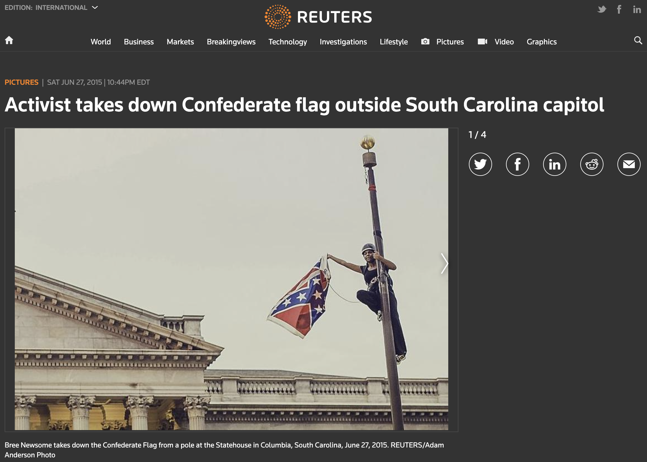 Bree Newsome with flag. "Activist takes down Confederate flag outside South Carolina capitol," <em>Reuters</em>, June 27, 2015 (photo: <a href="https://www.reuters.com/news/picture/activist-takes-down-confederate-flag-out-idUSKBN0P70MJ20150628" target="_blank" rel="noopener">Reuters/Adam Anderson Photo</a>)