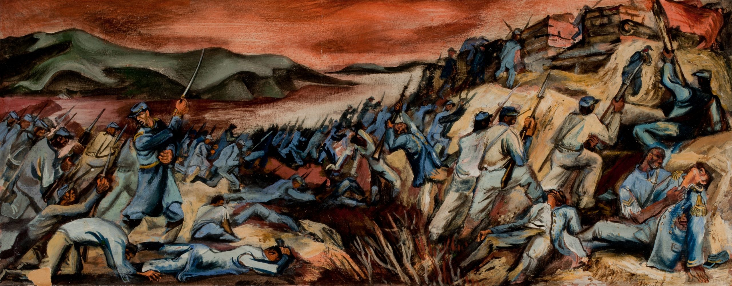 Martyl (Suzanne Schweig Langsdorf), <em>Col. Robert G. Shaw dying at the Battle of Fort Wagner</em>, 1940, gouache on masonite board, 28.81 x 19.75 inches (DuSable Museum of African American History)