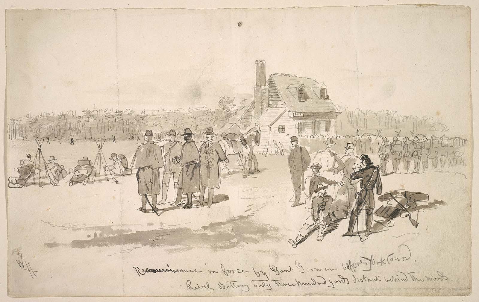 Winslow Homer, <em>Reconnaissance in force by General Gorman before Yorktown</em>, 1862, graphite with brush and gray wash on cream wove paper, 21 x 33.7 cm (<a href="https://collections.mfa.org/objects/761/reconnaissance-in-force-by-general-gorman-before-yorktown;ctx=83dbd38f-43fc-462c-a83b-8cd68fc1aa71&amp;idx=5">Museum of Fine Arts, Boston</a>)