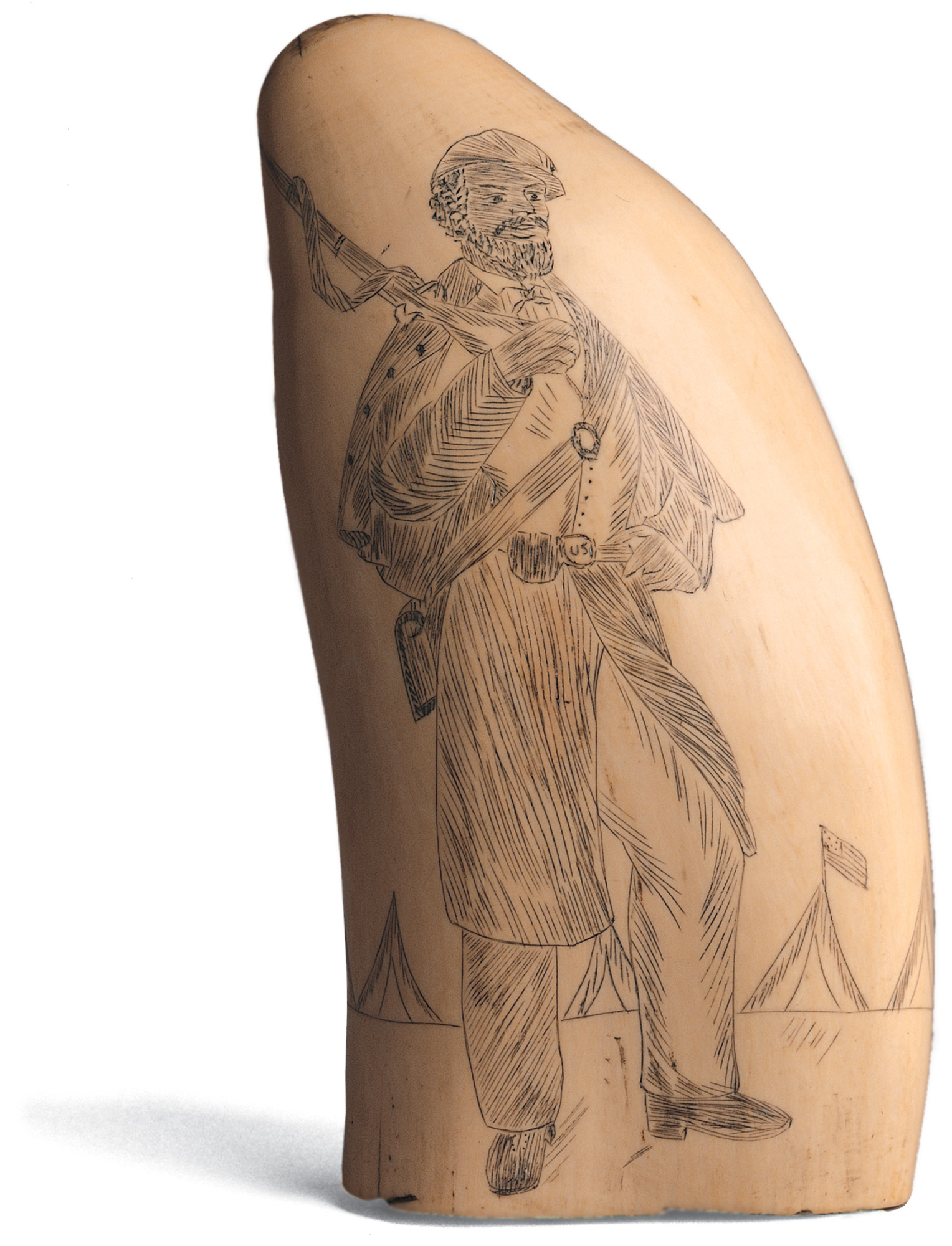 Scrimshaw with portrait of Black soldier, c. 1863, inscription on whale-tooth, 5 x 2 1/2 inches (Chicago History Museum)