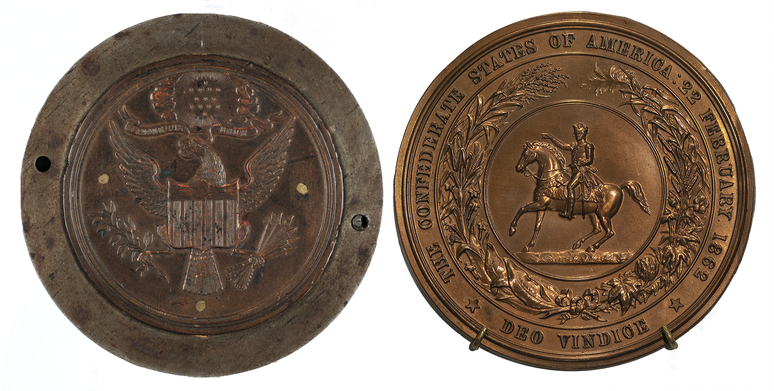 Left: Great Seal of the United States (counterdie made from the 1841 seal in 1866); right: Great Seal of the Confederate States of America, 1864, bronze (photo: Steven Zucker, CC BY-NC-SA 2.0)