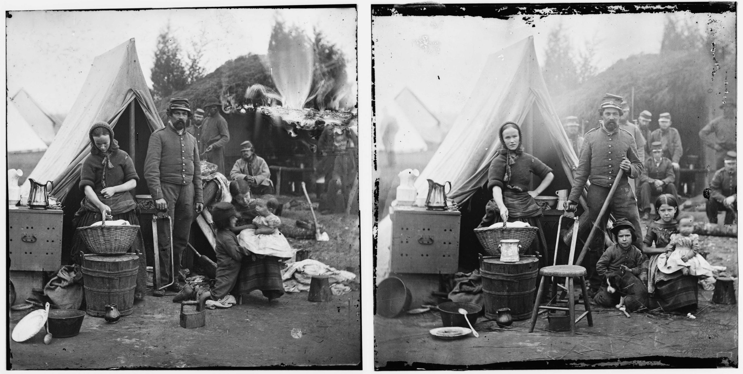 <em>Tent life of the 31st Penn. Inf. (later, 82d Penn. Inf.) at Queen's farm, vicinity of Fort Slocum, Washington, District of Columbia</em>, 1861, two wet-collodion glass negatives (<a href="https://www.loc.gov/pictures/item/2018670712/" target="_blank" rel="noopener">Library of Congress</a>)