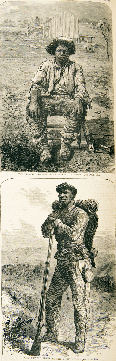 T. B. Bishop (photographer), top: "The Escaped Slave," bottom: "The Escaped Slave in the Union Army," Harper's Weekly, July 2, 1864, p. 428, engraving (Newberry Library)