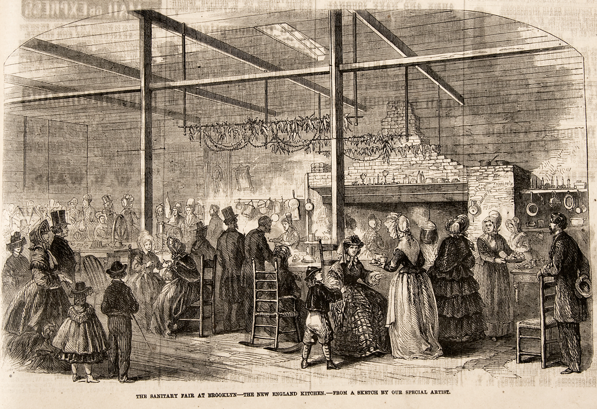 The Sanitary Fair at Brooklyn [The Academy of Music, Montague Street, with the Bridge Across to New England Kitchen], engraving from Frank Leslie's Illustrated Newspaper, March 5, 1864, p. 380 (Newberry Library)
