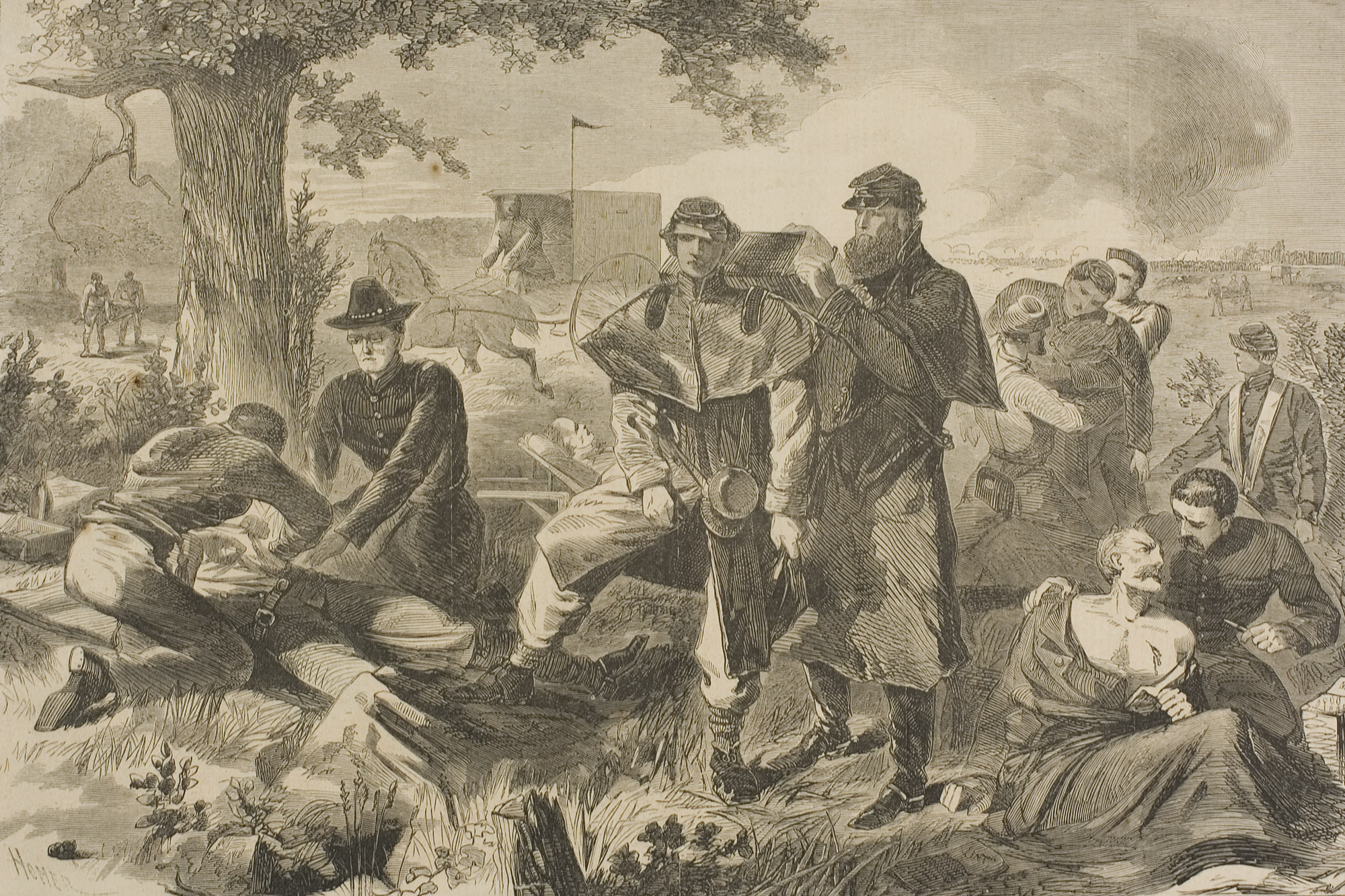 Winslow Homer, The Surgeon at Work at the Rear During an Engagement, 1862, wood engraving published by Harper’s Weekly July 12, 1862,, 9 3/16 x 13 13/16 inches (The Art Institute of Chicago)