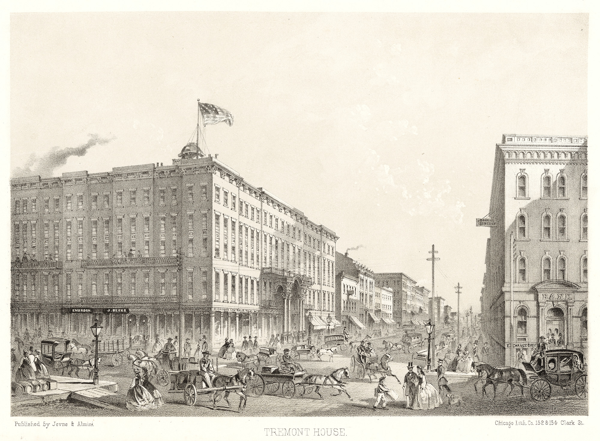 Louis Kurz, Tremont House,1866, lithograph, Chicago Illustrated, 8 3/4 x 11 3/4 inches (Chicago History Museum)