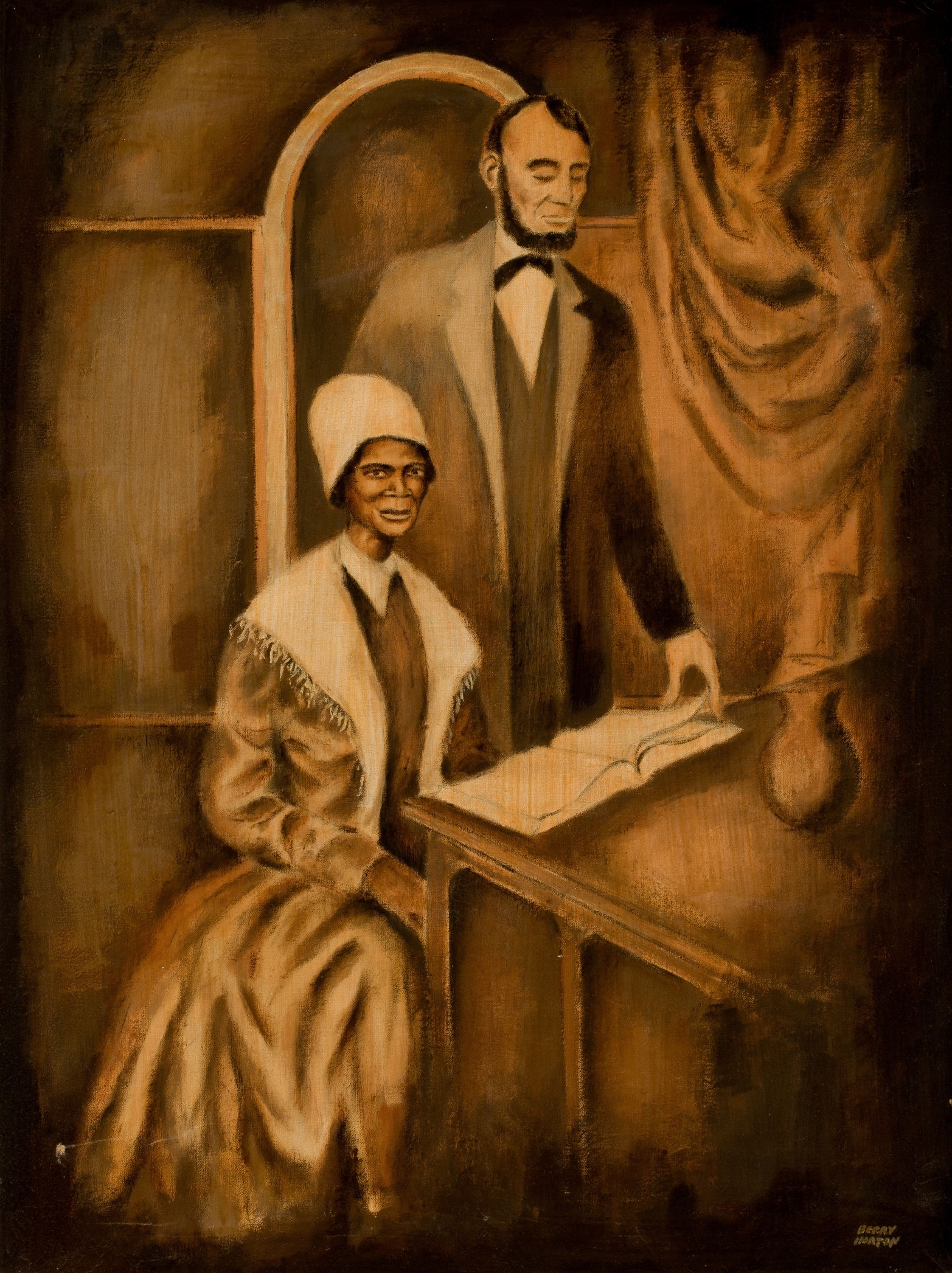 Berry Horton, <em>Sojourner Truth Abolitionist Visits President Lincoln</em>, 1963, oil on canvas,  39.62 x 29.5 inches (DuSable Museum of African American History)
