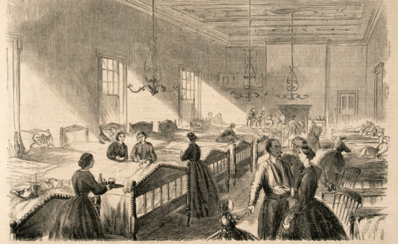 The United States General Hospital [at Georgetown, D.C., formerly the Union Hotel-Volunteer Nurses Attending the Sick and Wounded], engraving from Frank Leslie's Illustrated Newspaper, vol. 12, no. 294, July 6, 1861, p. 125 (Newberry Library)