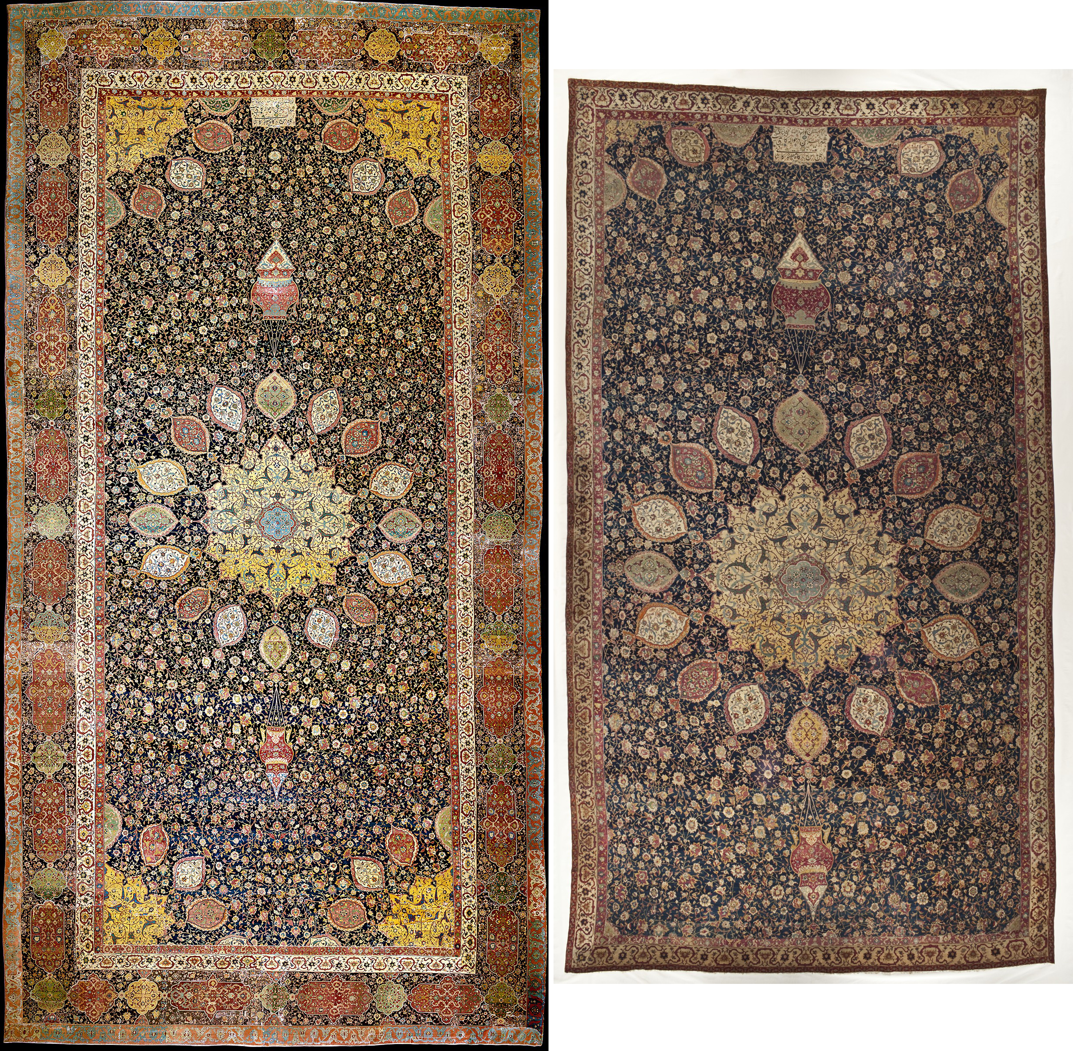 Left: Ardabil Carpet at the Victoria & Albert Museum, London; right: Ardabil Carpet at the Los Angeles County Museum of Art