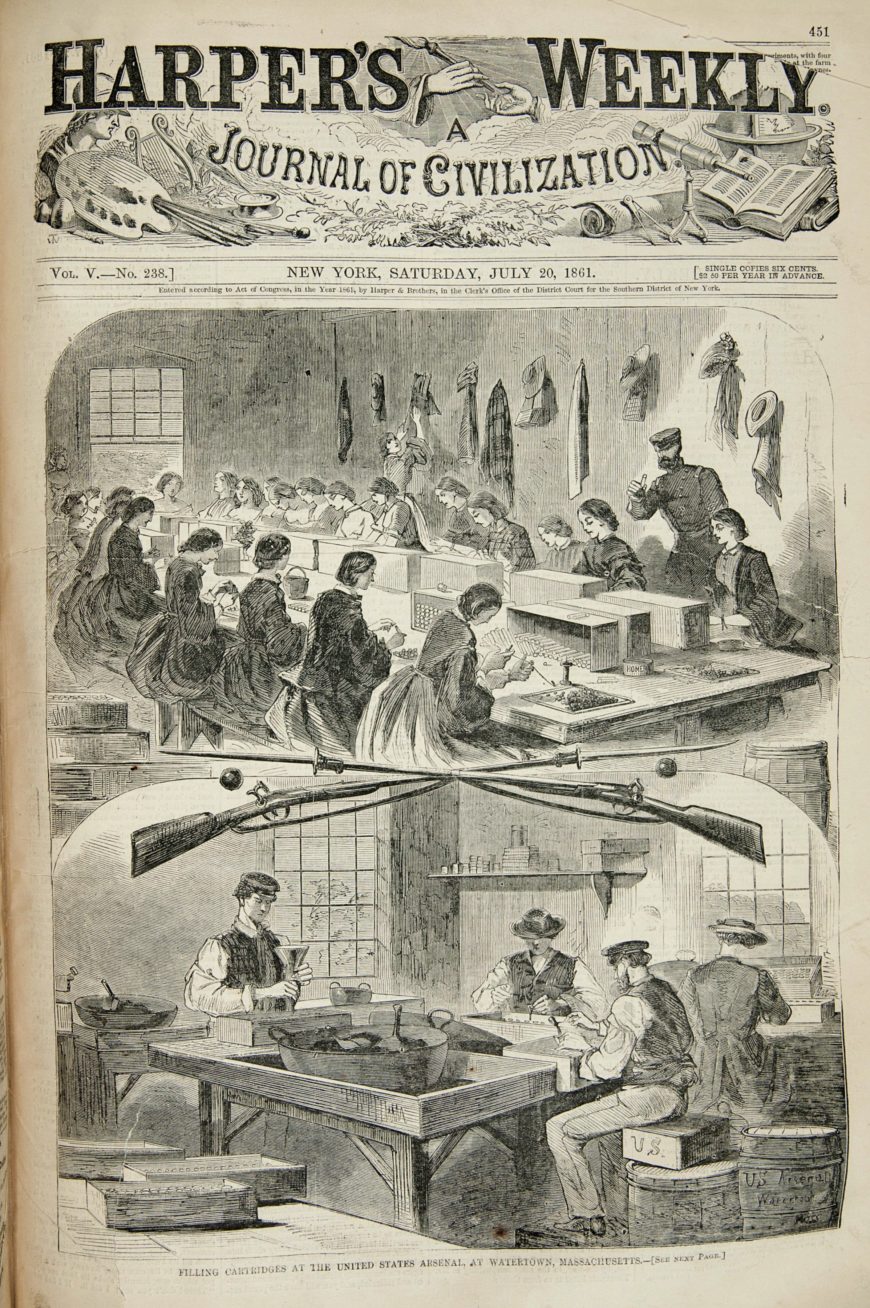 Winslow Homer, "Filling Cartridges at the United States Arsenal at Watertown, Massachusetts," <em>Harper's Weekly</em>, July 20, 1861, wood engraving on paper, 10 15/16 x 9 1/4 inches (<a href="https://archive.org/details/nby_427774-19" target="_blank" rel="noopener">Newberry Library</a>)