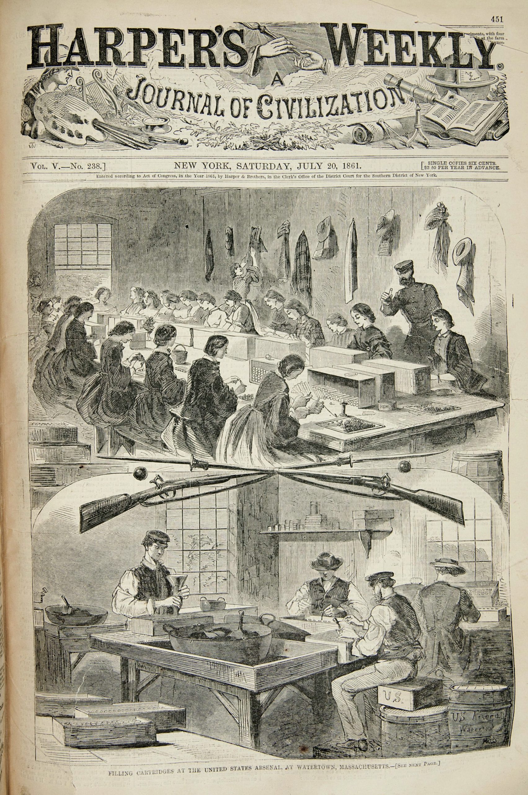 Winslow Homer, Filling Cartridges at the United States Arsenal at Watertown, Massachusetts, published by Harper's Weekly, July 20, 1861, wood engraving on paper, 10 15/16 x 9 1/4 inches (The Art Institute of Chicago)