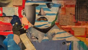 Detail, Romare Bearden, Three Folk Musicians, 1967, collage of various papers with paint and graphite on canvas, 50 x 60 x 1 ½ inches (Virginia Museum of Fine Arts)