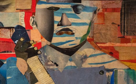 Detail, Romare Bearden, Three Folk Musicians, 1967, collage of various papers with paint and graphite on canvas, 50 x 60 x 1 ½ inches (Virginia Museum of Fine Arts)