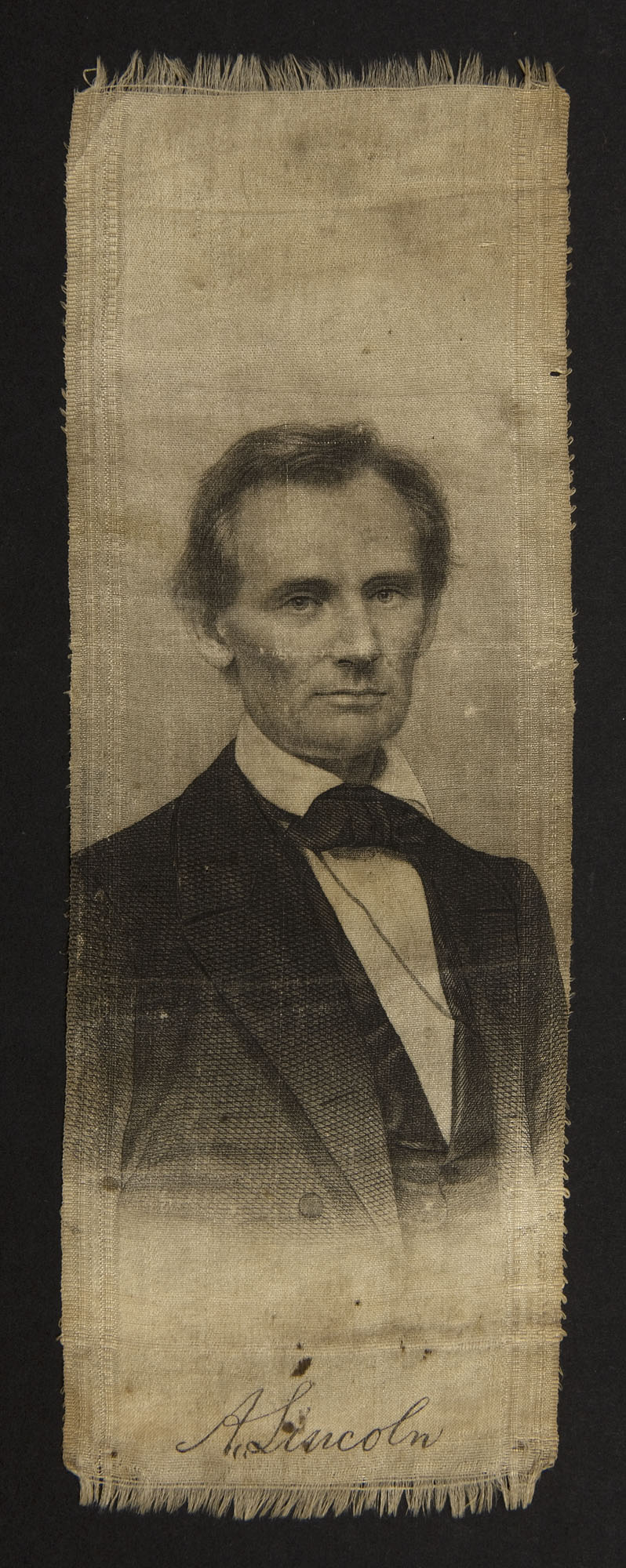 John Chester Buttre, Campaign ribbon, A. Lincoln, 1860, 7.5 x 2.5 inches (Chicago Public Library)