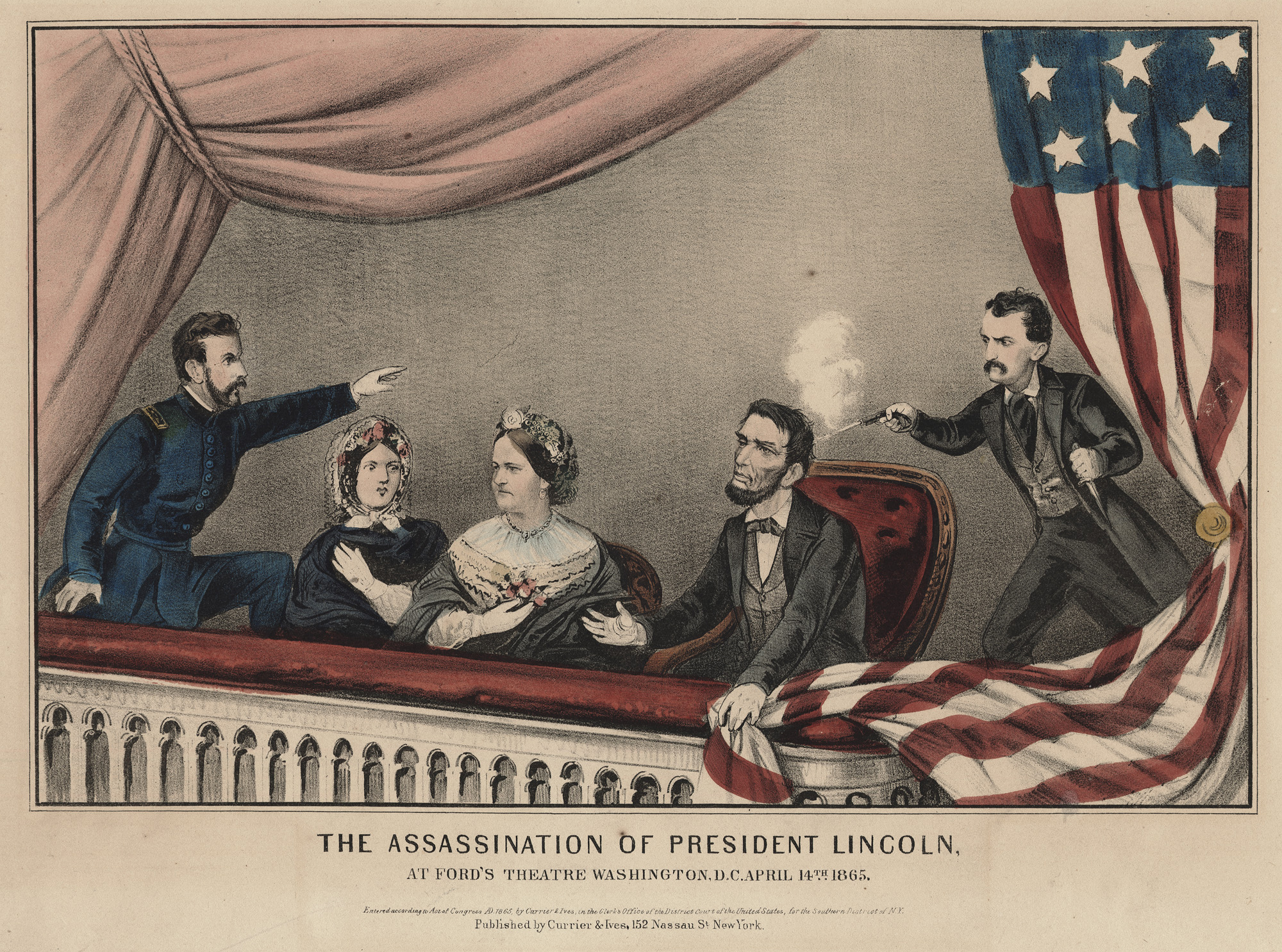 Nathaniel Currier and James Merritt Ives, <em>The Assassination of President Lincoln</em>, 1865, lithograph, 14 x 17 inches (Chicago History Museum)