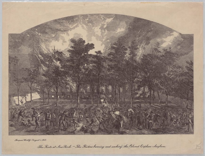 "The Rioters Burning and Sacking the Colored Orphan Asylum," <em>Harper’s Weekly</em>, August 1, 1863, p. 943 (<a href="https://digitalcollections.nypl.org/items/510d47dd-f217-a3d9-e040-e00a18064a99" target="_blank" rel="noopener">The New York Public Library</a>)
