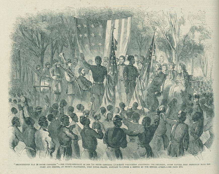 The First South Carolina Volunteers’ color guard addressing a joyful crowd of African Americans after the reading of the Emancipation Proclamation on January 1, 1863. "'Emancipation Day in South Carolina'—the Color-Sergeant of the 1st South Carolina (Colored) Volunteers addressing the regiment, after having been presented with the Stars and Stripes, at Smith's plantation, Port Royal Island, January 1 / From a sketch by our special artist.," <em>Frank Leslie's Illustrated Newspaper</em>, January 24, 1863, wood engraving, 40 x 27 cm (<a href="https://www.loc.gov/pictures/item/99614128/" target="_blank" rel="noopener">Library of Congress</a>)