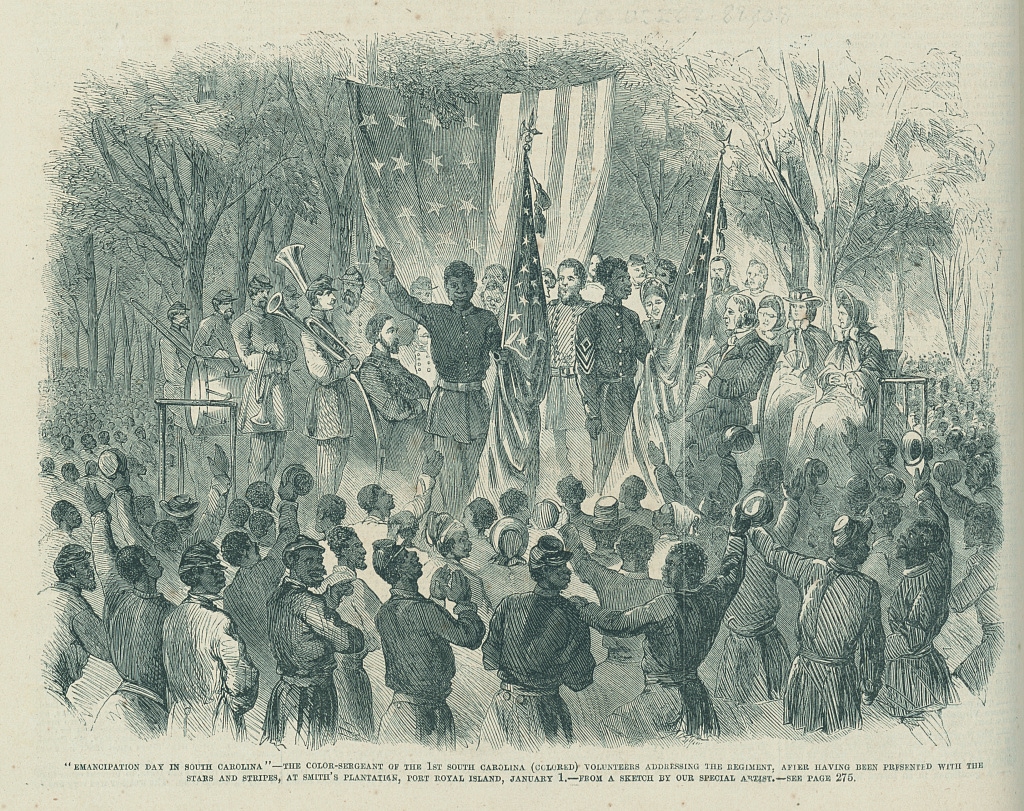 Emancipation Day in South Carolina, The First South Carolina Volunteers’ color guard addressing a joyful crowd of African Americans after the reading of the Emancipation Proclamation on January 1, 1863 (Library of Congress)