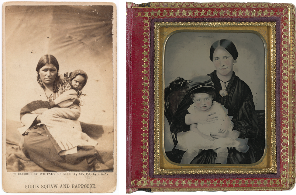 Left: Joel Emmons Whitney, Sioux woman and child at the prison camp at Fort Snelling, carte-de-visite, c. 1862–63, 10.1 x 6.2 cm (<a href="http://collections.mnhs.org/cms/display.php?irn=10615888">Minnesota Historical Society</a>); right: Charles R. Rees, Unidentified woman (possibly Mrs. James Shields), in mourning dress and brooch showing Confederate soldier and holding young boy wearing kepi, c. 1861–65, hand-painted ambrotype in papier-mâché case with mother-of-pearl and hand painting, 8.0 x 6.9 cm (<a href="https://www.loc.gov/item/2013649140/">Library of Congress</a>)