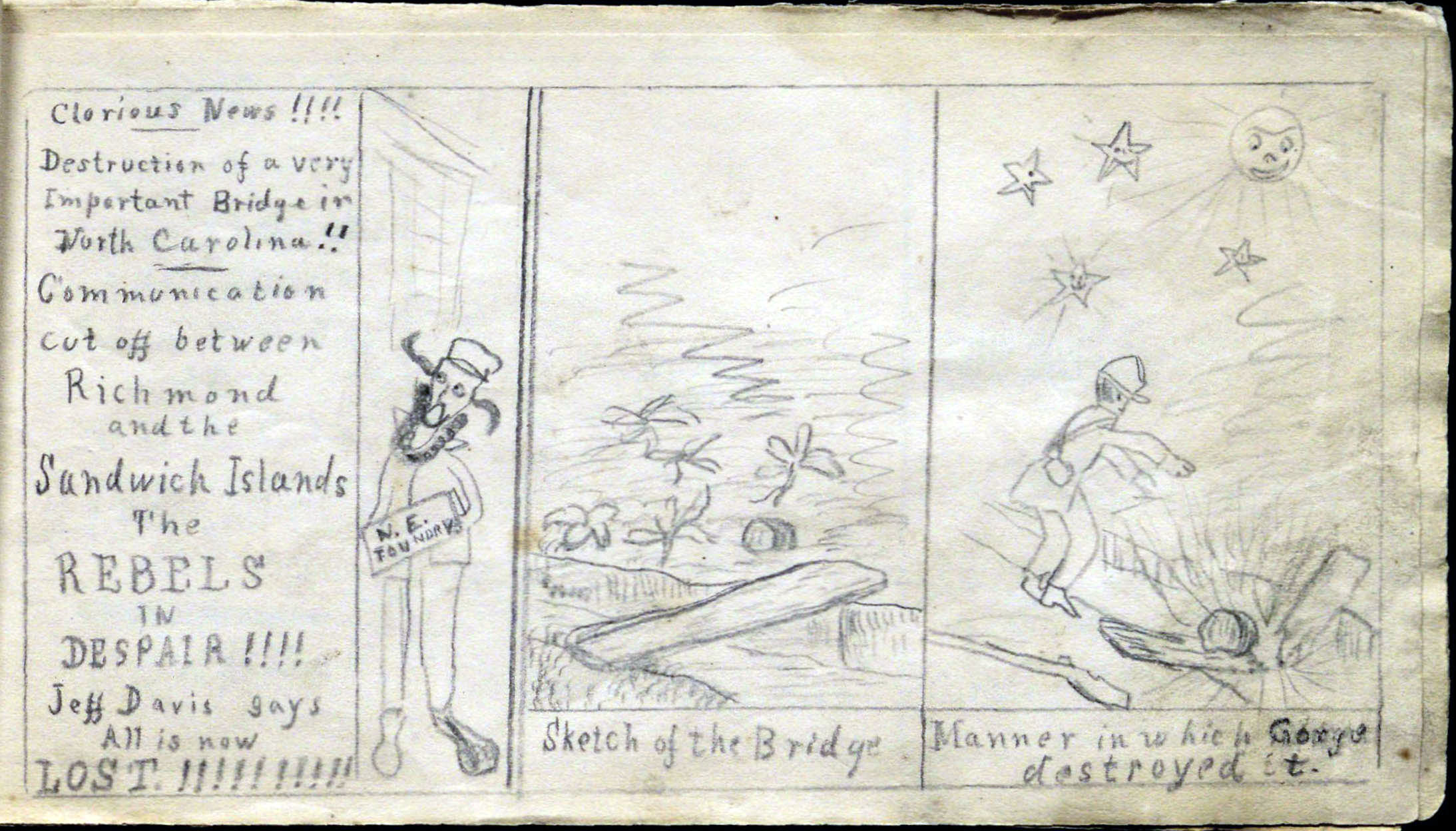 “Glorious News!!!!” in “A Few Scenes in the Life of A ‘SOJER’ in the Mass 44th,” 1863, graphite on paper, 10.5 x 20.5 cm (<a href="https://www.gilderlehrman.org/news/civil-war-soldier%E2%80%99s-sketchbook" target="_blank" rel="noopener">Gilder Lehrman Institute of American History</a>)