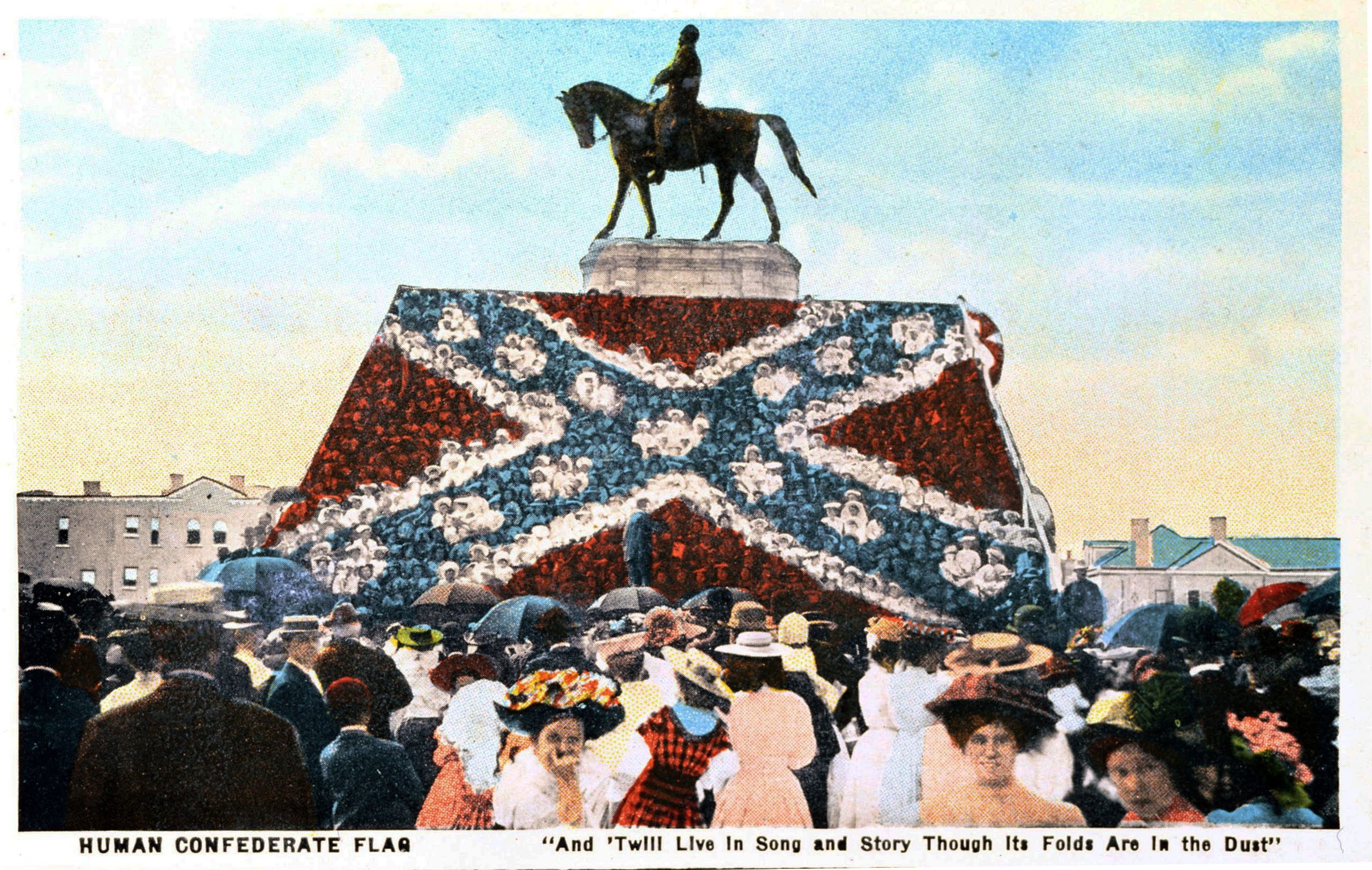 Postcard depicting a “human Confederate flag” created by arranging children at a Confederate Memorial Day celebration under the Robert E. Lee statue on Monument Avenue in Richmond. Huestis Pratt Cook, <em>Human Confederate Flag</em>, c. 1907, postcard (<a href="https://encyclopediavirginia.org/203hpr-ef4f6c5e5a15b4d/">Library of Virginia</a>)