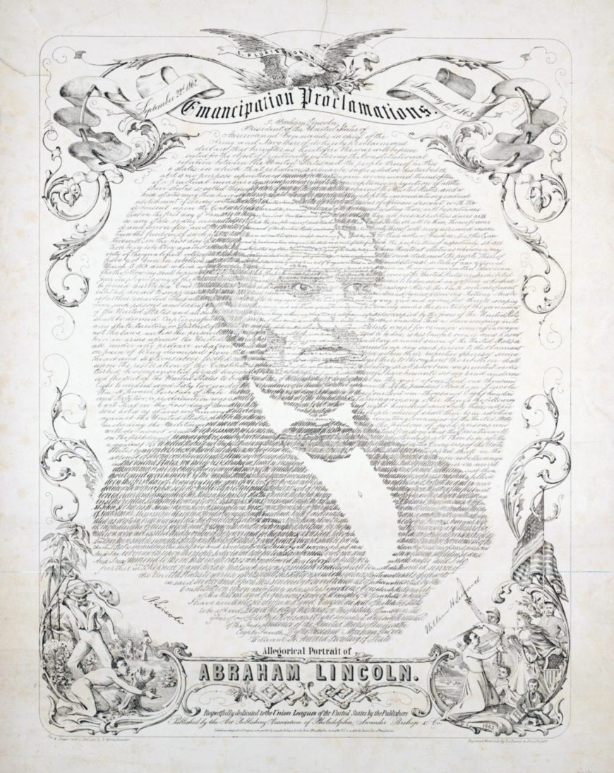 P.S. Duval & Son after a drawing by R. Morris Swander, Emancipation Proclamations, Allegorical Portrait of Abraham Lincoln, Philadelphia: Swander Bishop & Co., 1865, engraving, 77.4 x 62.4 cm (Brown University Library)