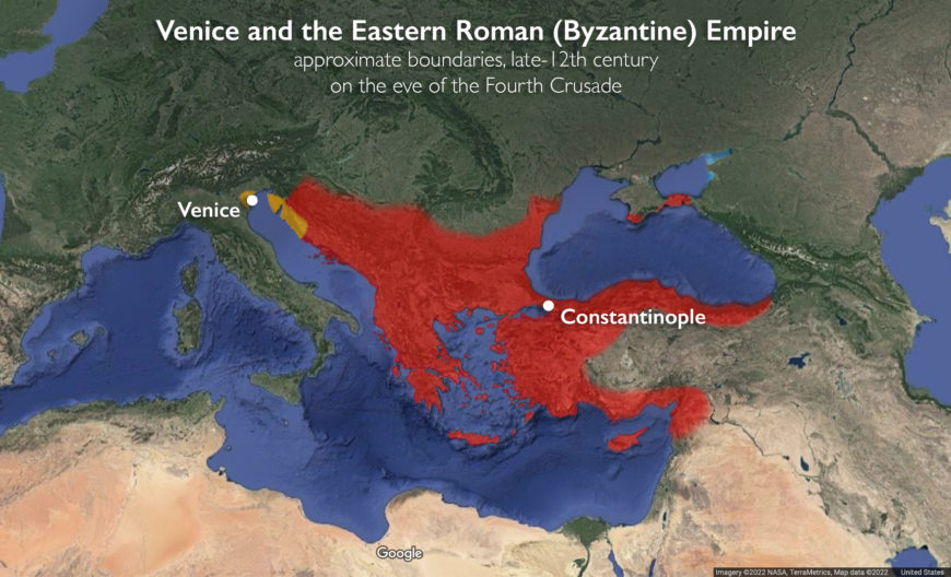 Venice and the Eastern Roman (Byzantine) Empire, approximate boundaries, late-12th century (underlying map © Google)