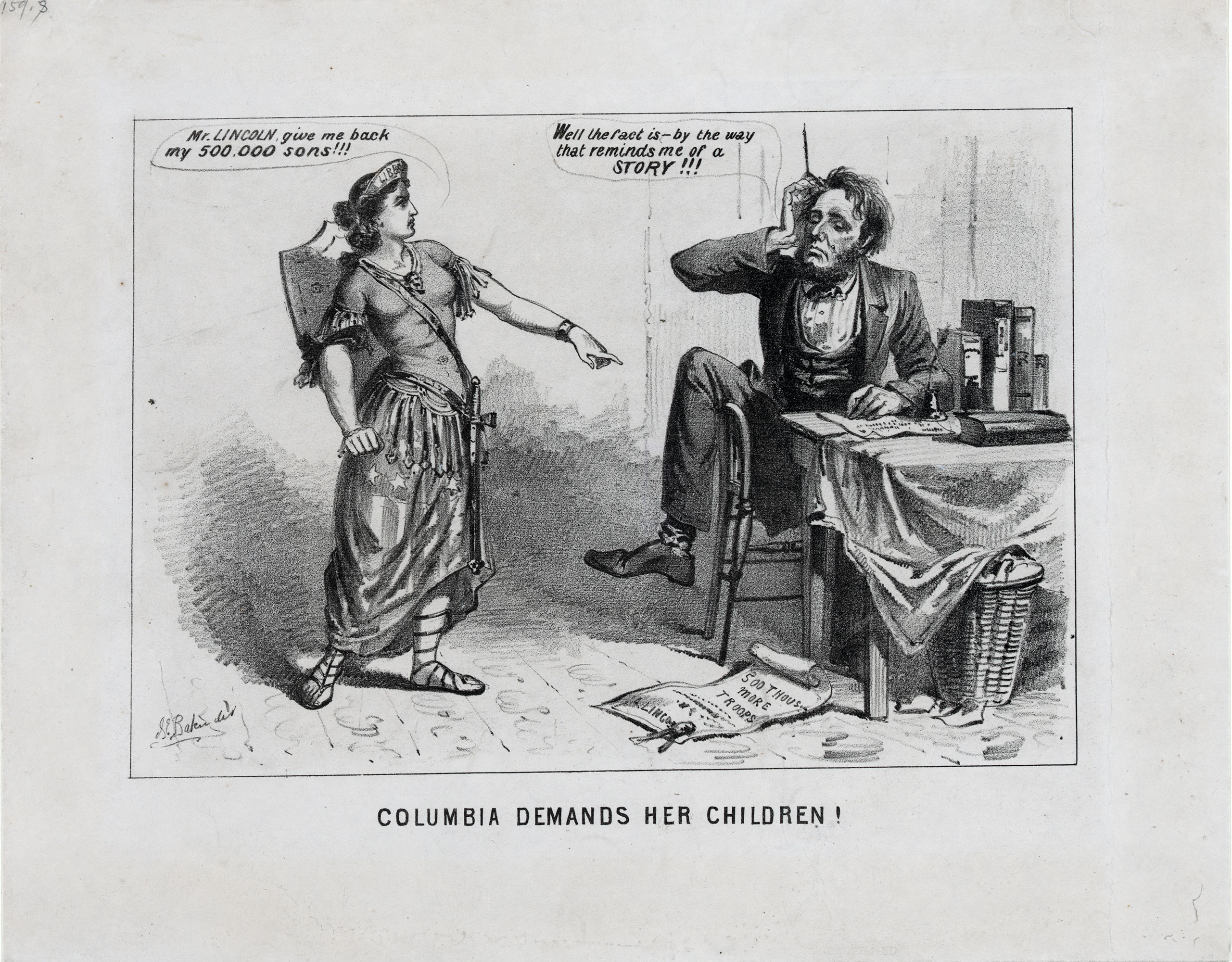 Political cartoon critiquing Lincoln’s handling of the war. Joseph E. Baker, Columbia Demands Her Children! Boston, 1864, lithograph (Library of Congress)
