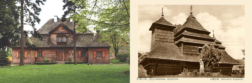 Left: Manor house, Ożarów, Poland, 17th century (Wikimedia commons); right: Church of St. Michael in Uzhok, Ukraine, 1745. Photograph, 1919 (Wikimedia Commons).