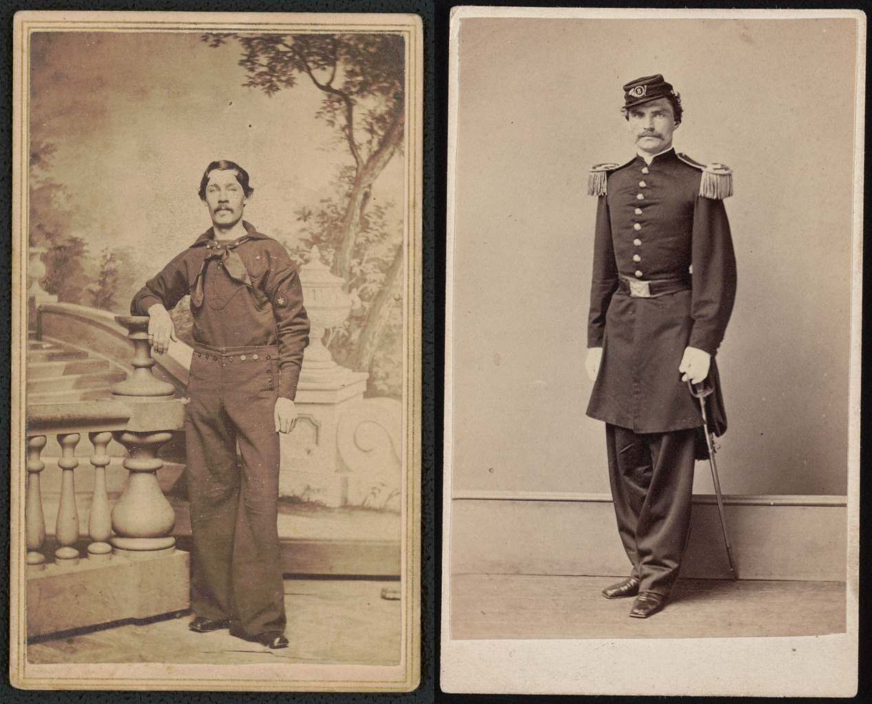 Left: Moore Bro's. Photographic Gallery, Unidentified U.S. sailor in uniform in front of painted backdrop showing walkway and trees, c. 1861–65, albumen print on card (<a href="https://www.loc.gov/item/2020633506/">Library of Congress</a>); right: Israel &amp; Co., First Lieutenant Patrick Boyce of Co. F, 8th Regular Army Infantry Regiment in uniform with sword, c. 1861–65 (<a href="https://www.loc.gov/item/2017659653/">Library of Congress</a>)