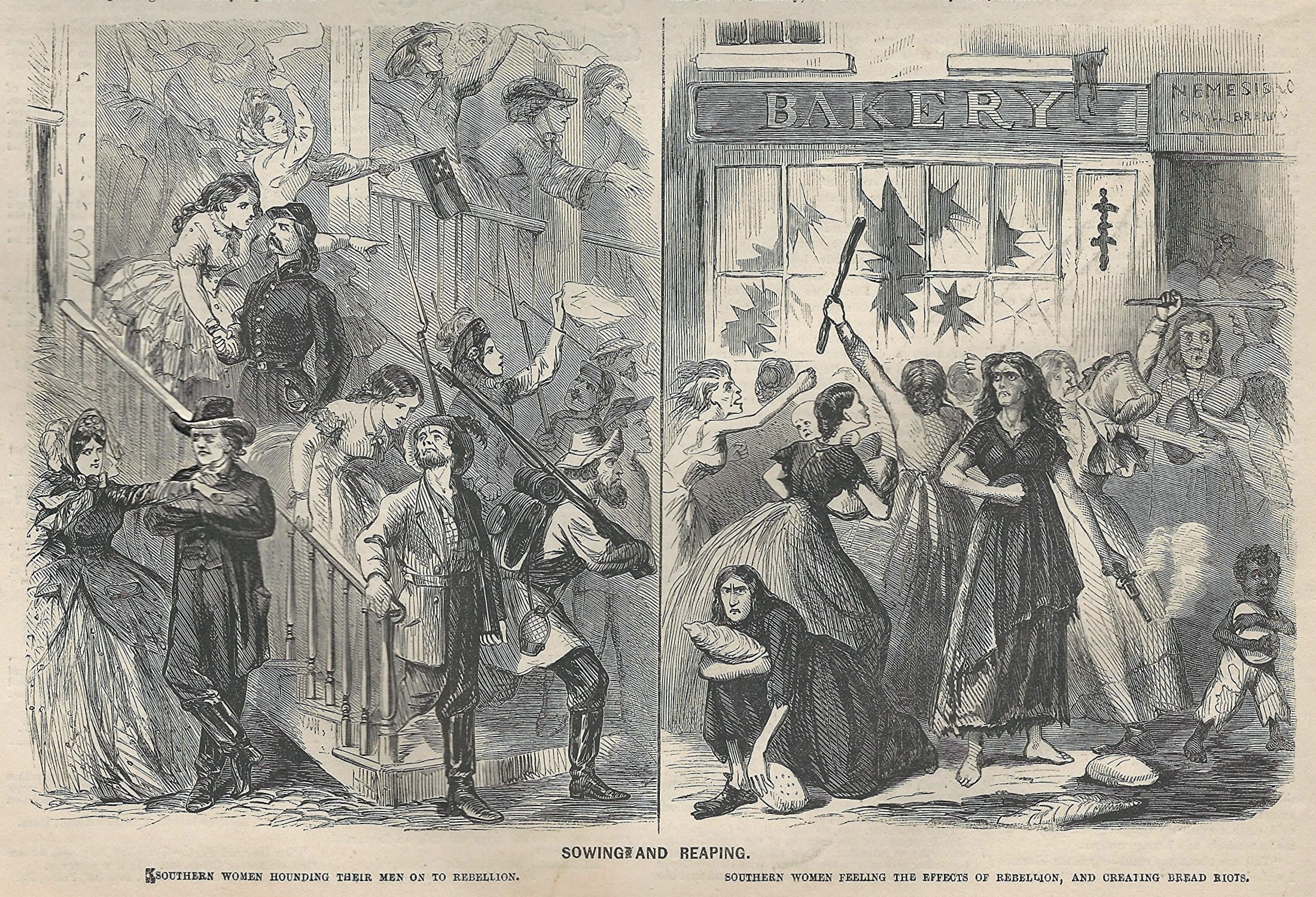 "Sowing and reaping, Southern women hounding their men on to rebellion, Southern women feeling the effects of rebellion, and creating bread riots," Frank Leslie’s Illustrated Newspaper, May 23, 1863, pp. 141, wood engraving on paper (Library of Congress)