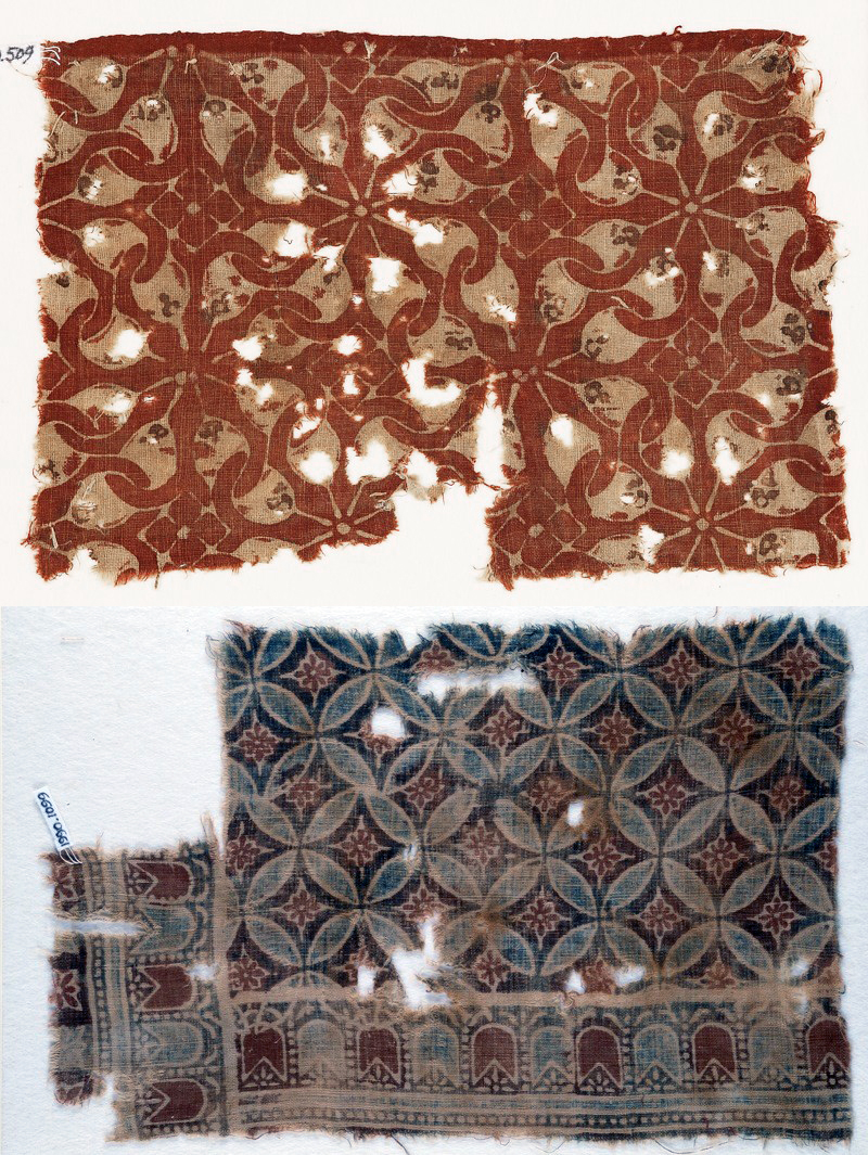 Top: Textile fragment with interlocking spirals or rosettes, mid-13th century, cotton, block-printed with resist, and mordant-dyed red and brown; with stitching in flax, 26 x 17.5 cm, made in Gujarat, India (Ashmolean Museum); bottom: Textile fragment with linked circles and rosettes, 2nd half of the 13th century–1st half of the 14th century, cotton, possibly block-printed with resist, mordant-dyed red, block-printed with resist, and dyed blue, made in Gujarat, India, 35 x 23.5 cm (Ashmolean Museum)