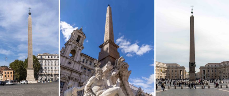 Lateran obelisk, Piazza Navona obelisk, and San Pietro obelisk (photos: Steven Zucker, CC BY-NC-SA 2.)