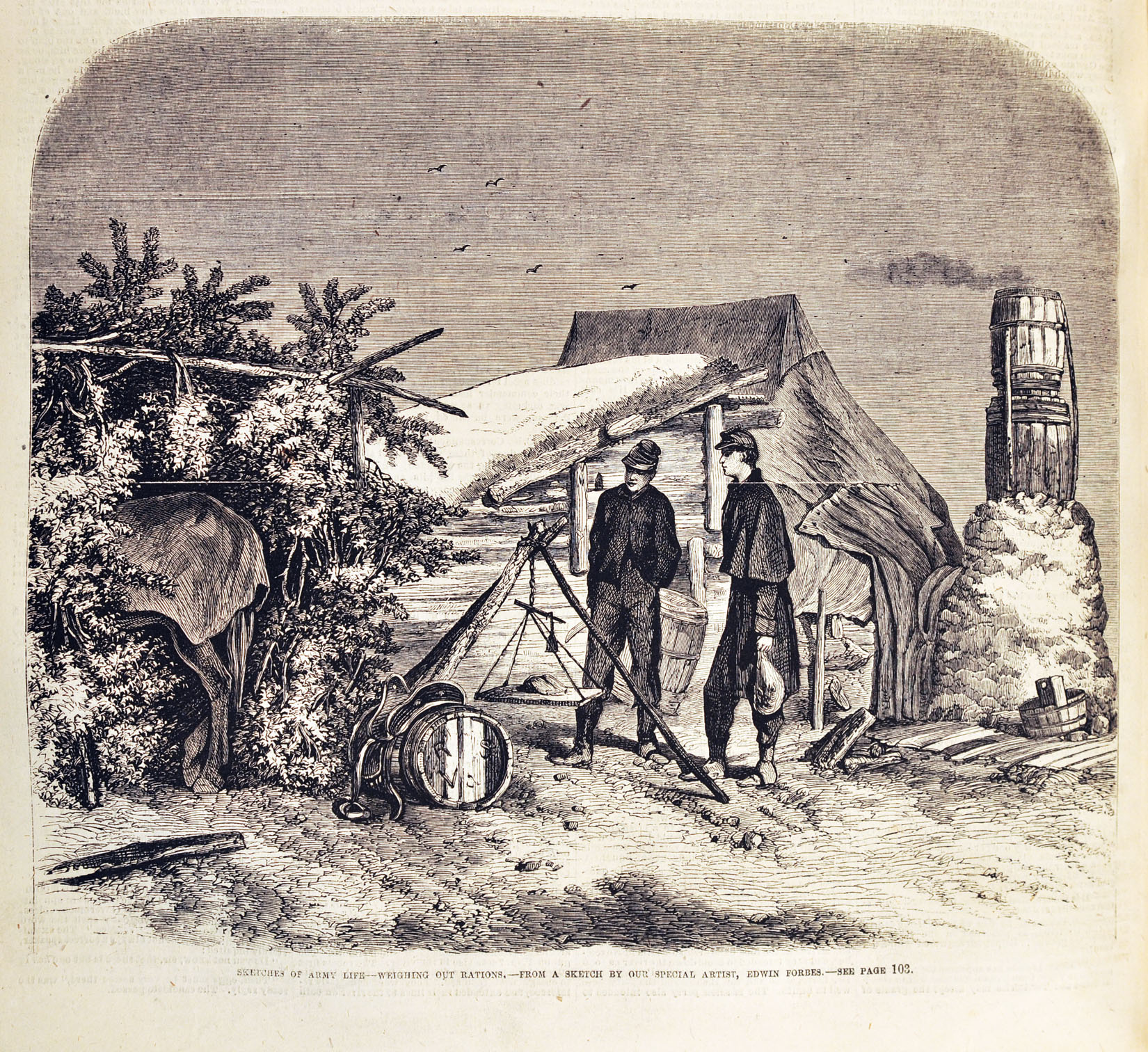 Edwin Forbes, Weighing Out Rations, engraving from a field sketch, Frank Leslie's Illustrated Newspaper, No. 449 Vol. 18, May 7, 1864, p. 100 (Chicago Public Library)