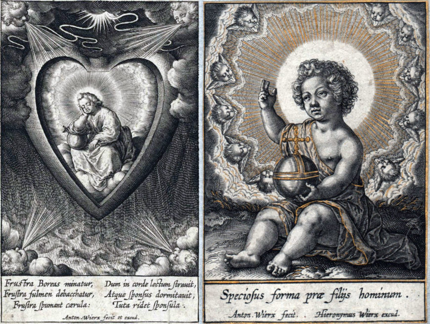 Left: Jesus Asleep with the Heart Assailed by a Storm Engraving for Cor Iesu Amanti Sacrum Anton Wierix, 1585 – 1586 C. E.; right: The Infant Jesus Blessing Engraving, Hieronymus Wierix, late sixteenth century