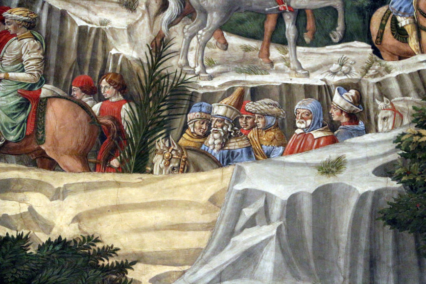 Benozzo Gozzoli, in the middle ground figures wear Ottoman inspired clothing and accessories (detail), Magi Chapel, Medici Palace 